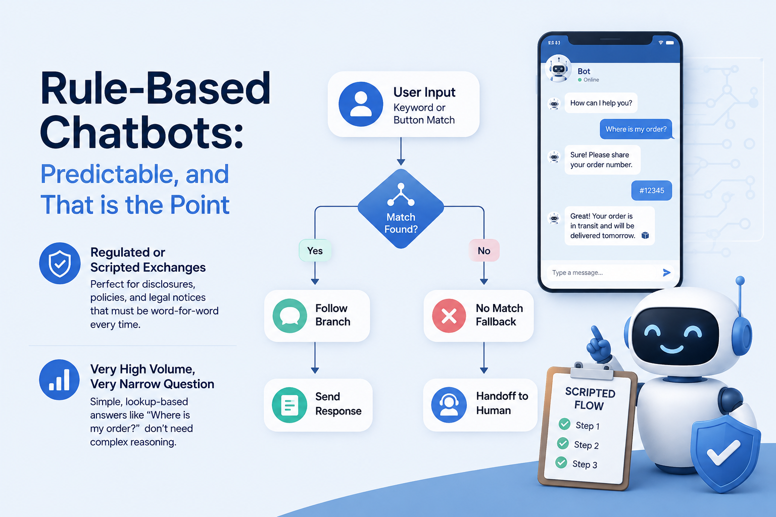 Diagram comparing rule-based chatbots, AI assistants and AI agents by how much each decides on its own